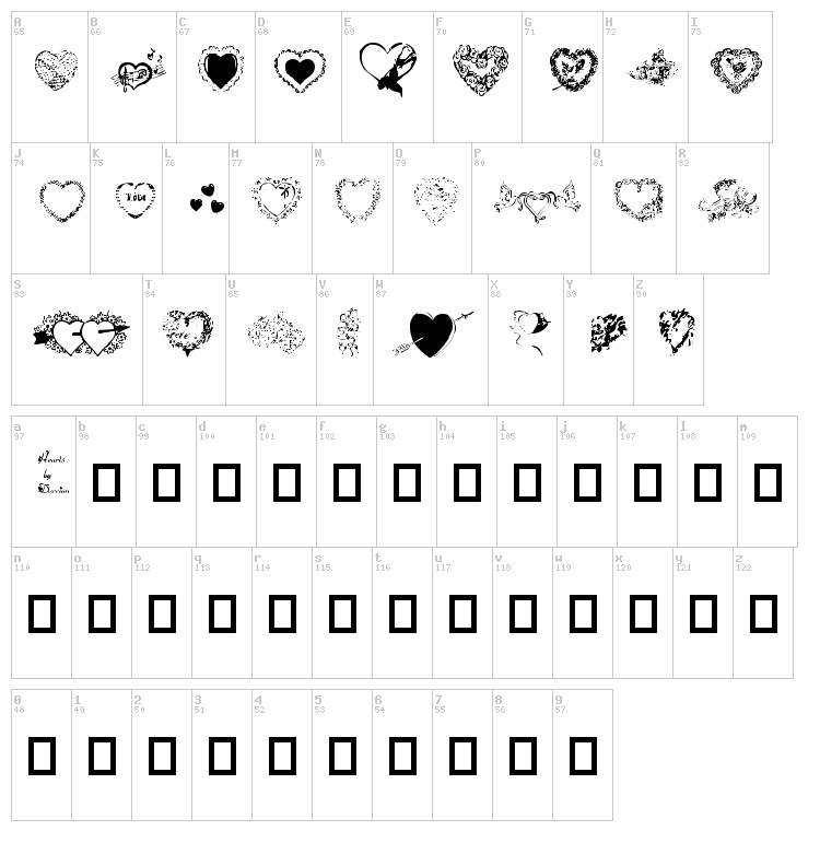 Hearts by Darrian font map